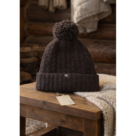 Barefoot Dreams CozyChic Cable Knit Pom Pom Beanie Dark Brown NWT
